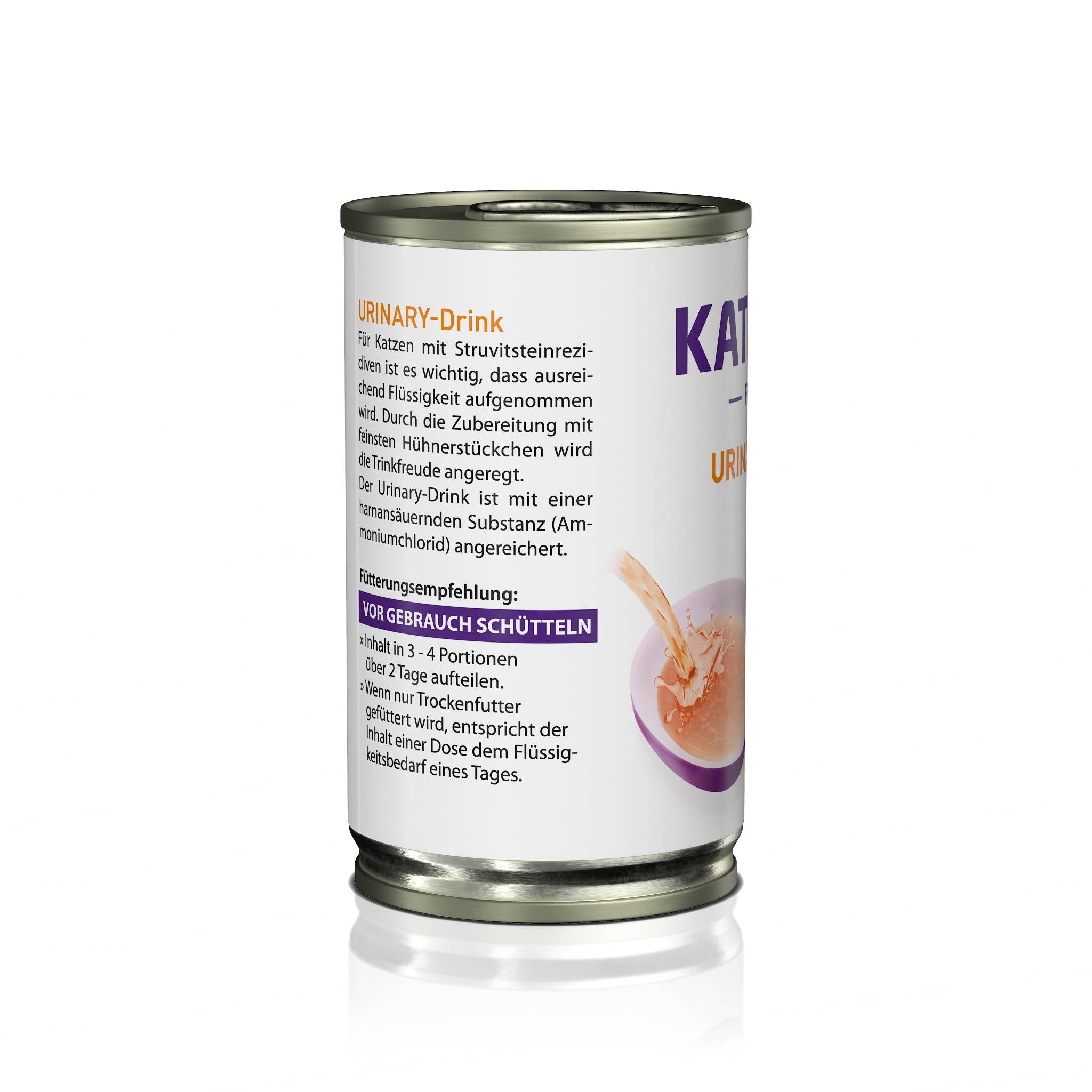 Rückseite einer KATTOVIT-Dose Urinary-Drink mit detaillierten Produktinformationen.