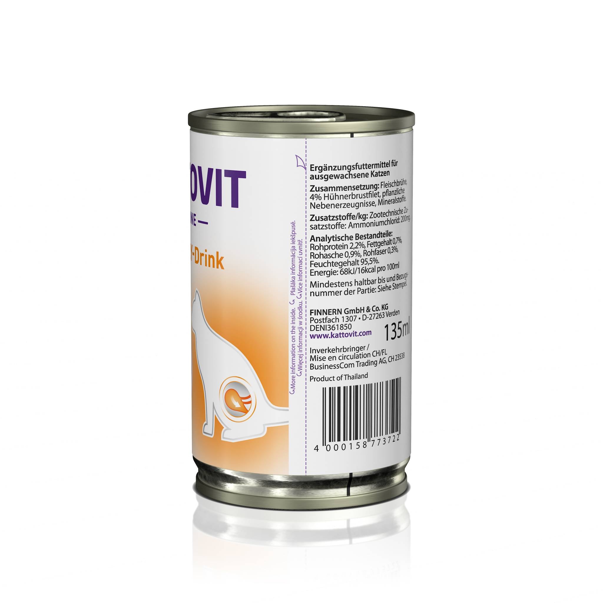 Rückseite einer KATTOVIT-Dose Urinary-Drink mit Zusammensetzung, Herstellerangaben und Barcode.