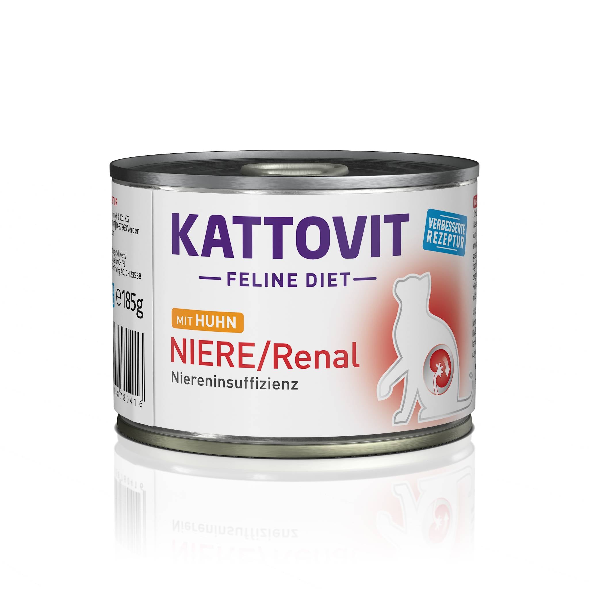 Eine Dose Katzenfutter der Marke KATTOVIT für Katzen mit Nierenproblemen. Die Dose wiegt 185 Gramm und enthält Huhn.