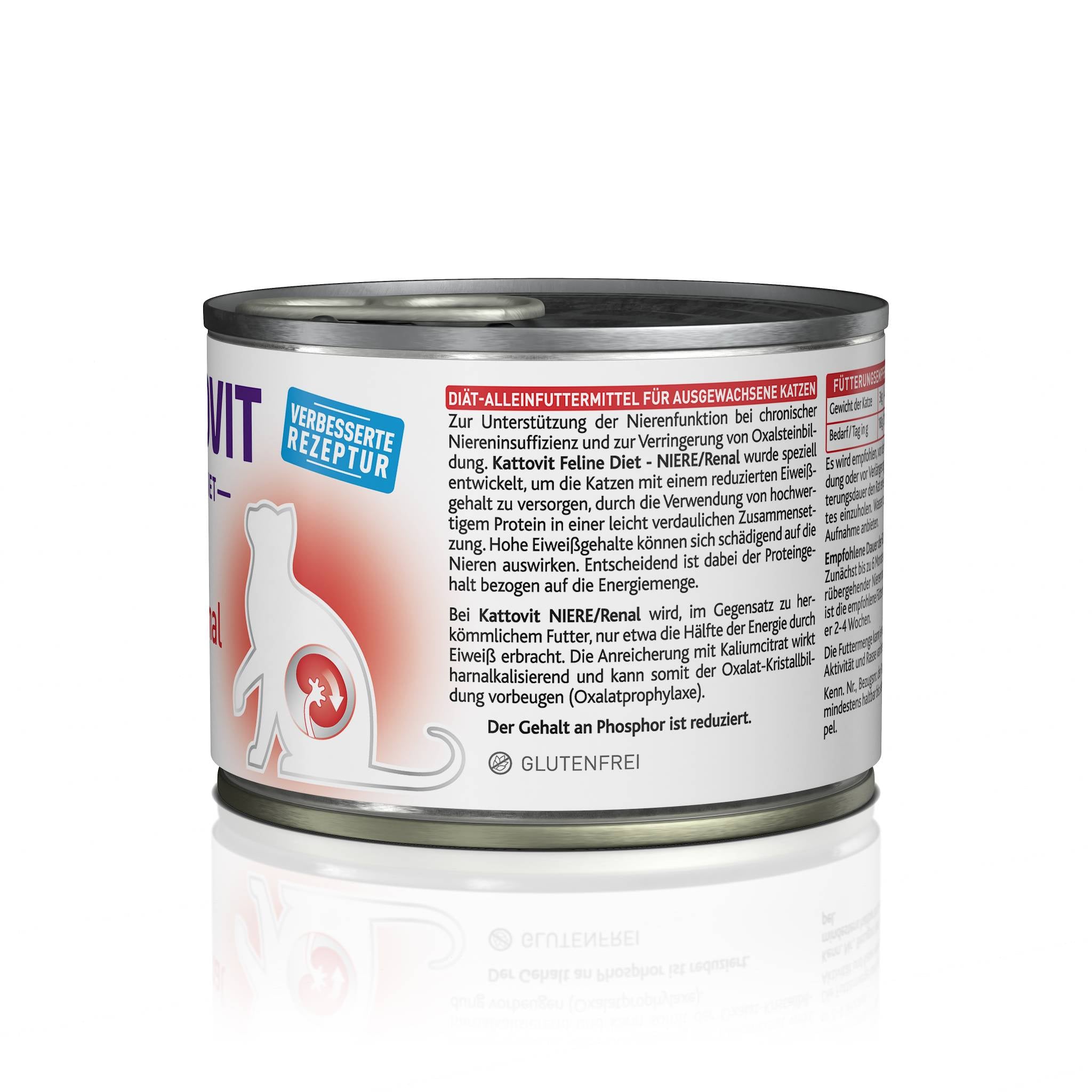 Rückseite einer KATTOVIT-Dose Niere/Renal mit detaillierten Produktinformationen.