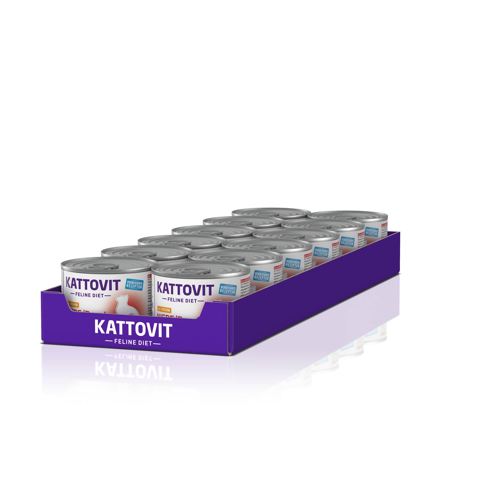 Eine lila Verpackung mit 12 Dosen Katzenfutter der Reihe "KATTOVIT Niere/Renal". Die Dosen sind in zwei Reihen angeordnet, jede Reihe enthält 6 Dosen.