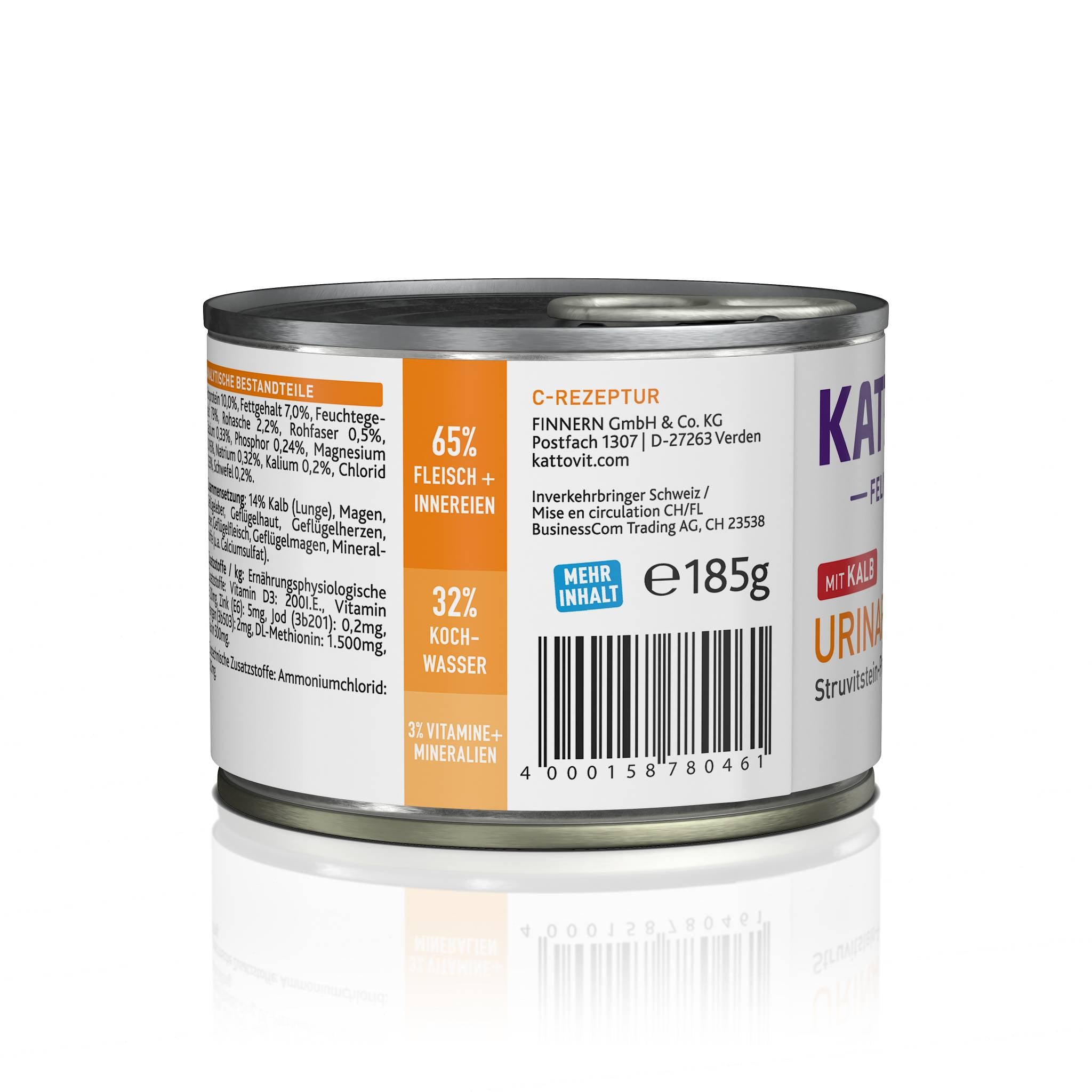 Rückseite einer KATTOVIT-Dose Urinary mit Herstellerangaben und Barcode.