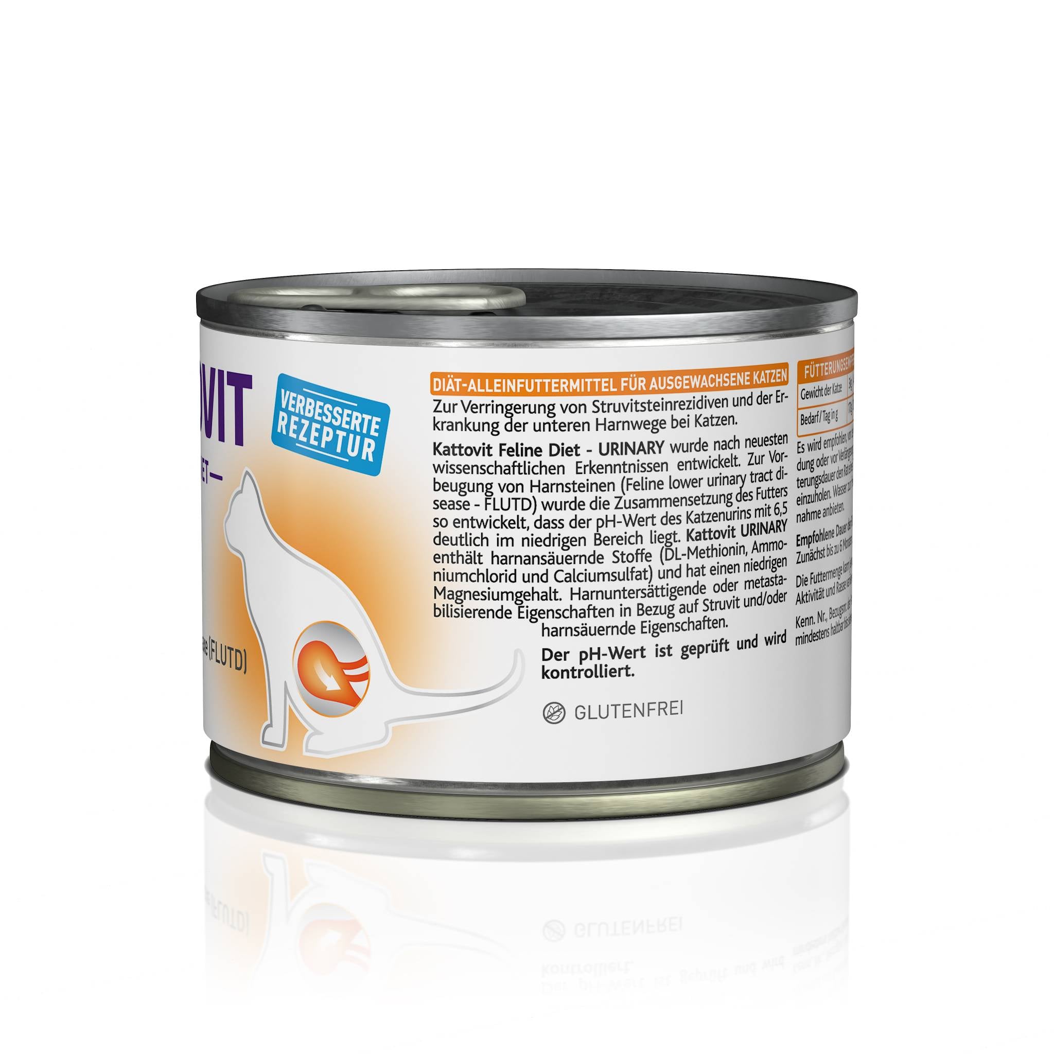 Rückseite einer KATTOVIT-Dose Urinary mit detaillierten Produktinformationen.