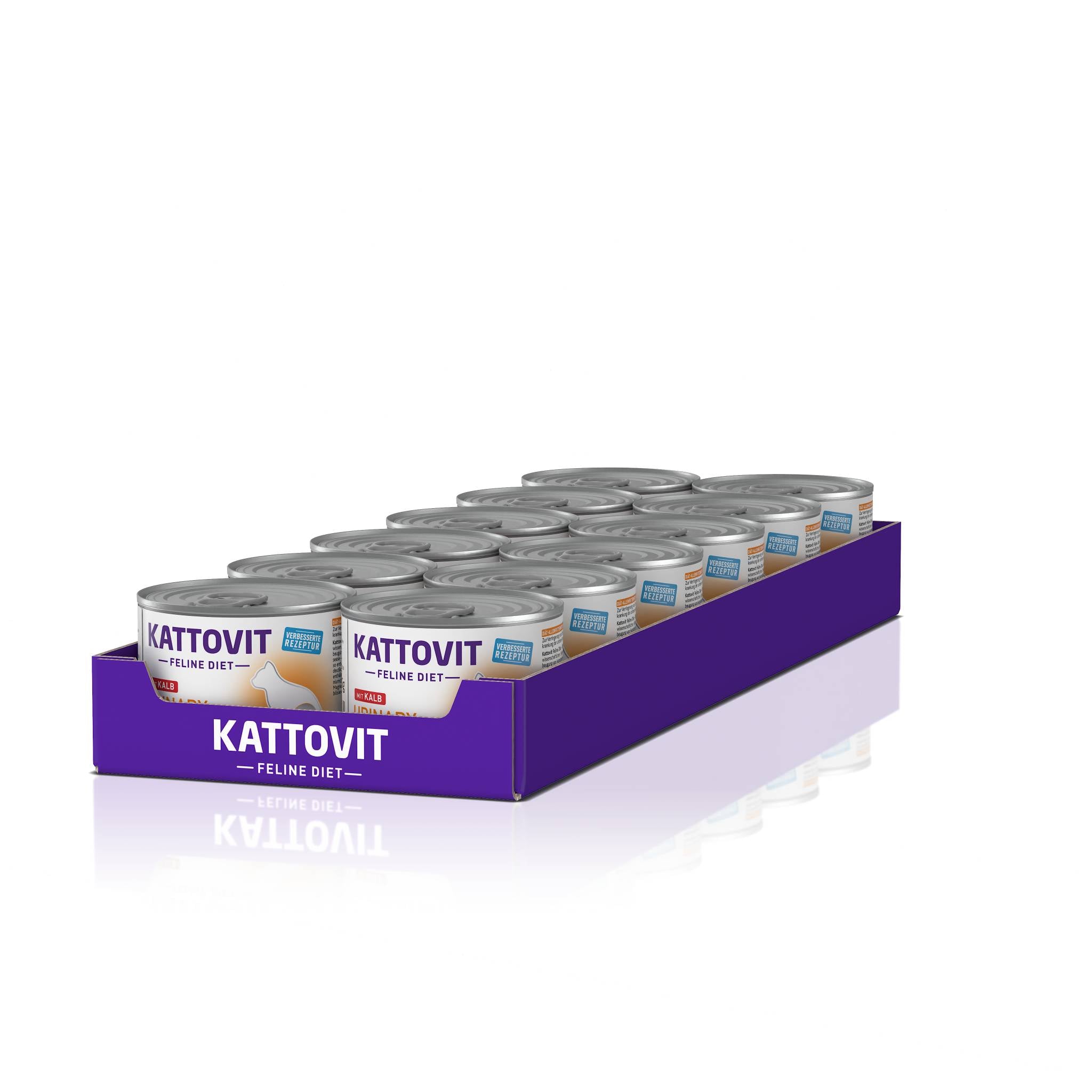 12 Dosen KATTOVIT Feline Diet 'Urinary' in lila Kartonverpackung.