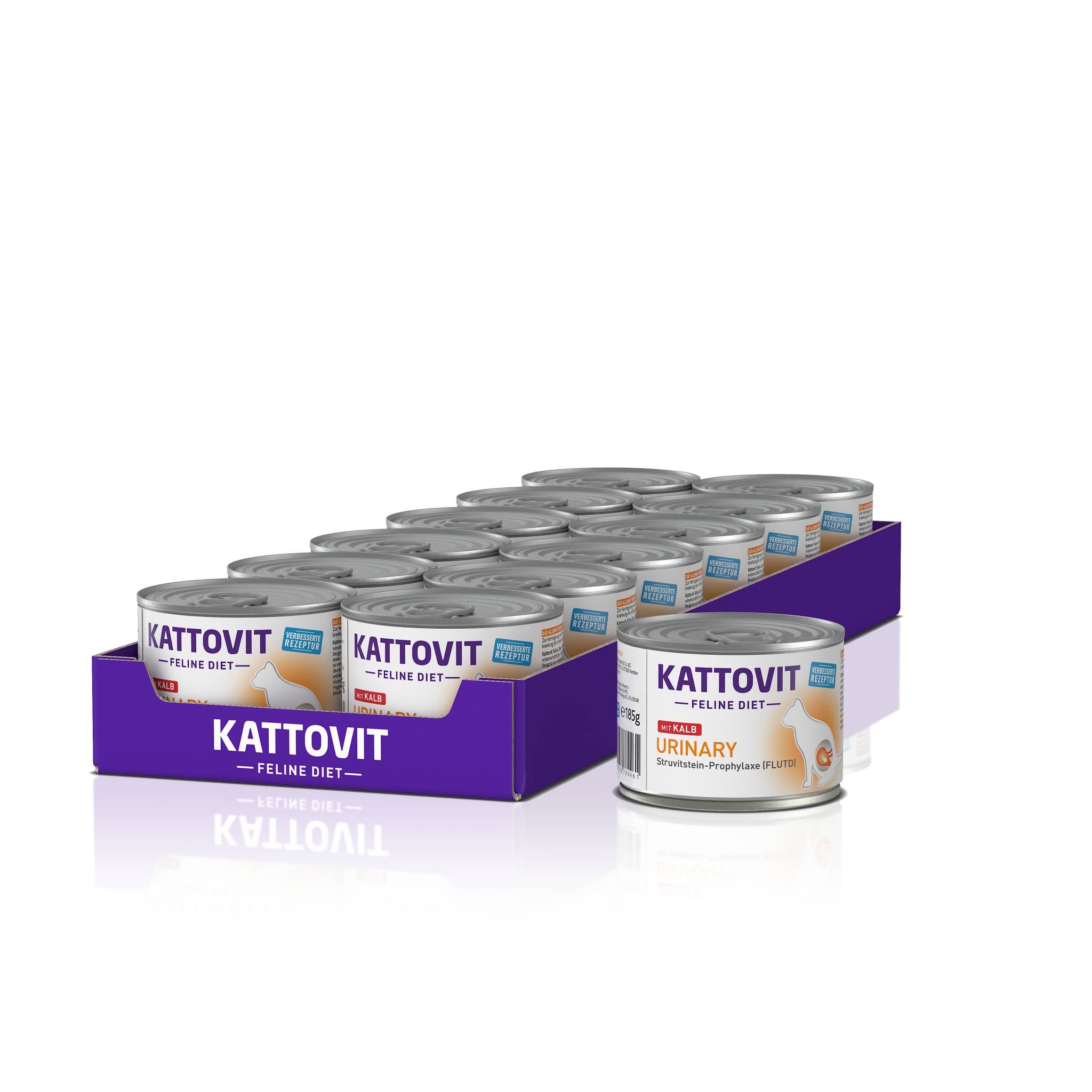 Mehrere Dosen Katzenfutter der Reihe KATTOVIT Urinary, die in zwei lila Kartons verpackt sind.