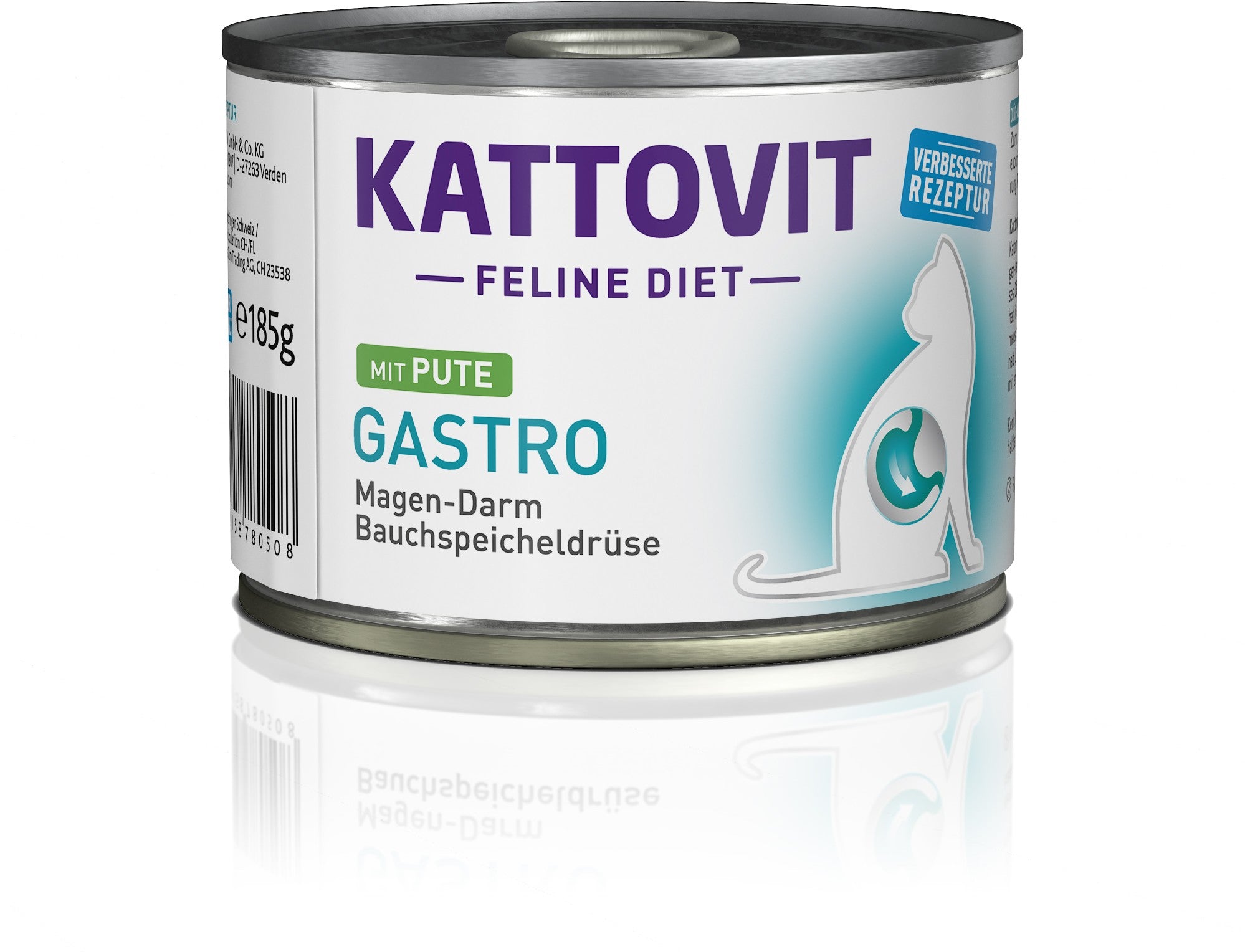 Eine Dose Katzenfutter der Reihe "KATTOVIT Gastro" mit einem blau-weißen Etikett. Das Futter ist für die Magen-Darm-Gesundheit und enthält Pute.