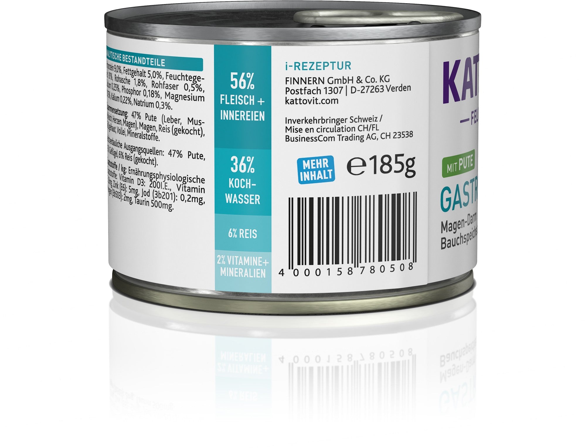 Rückseite einer KATTOVIT-Dose Gastro mit 185 g, Herstellerangaben und Barcode.