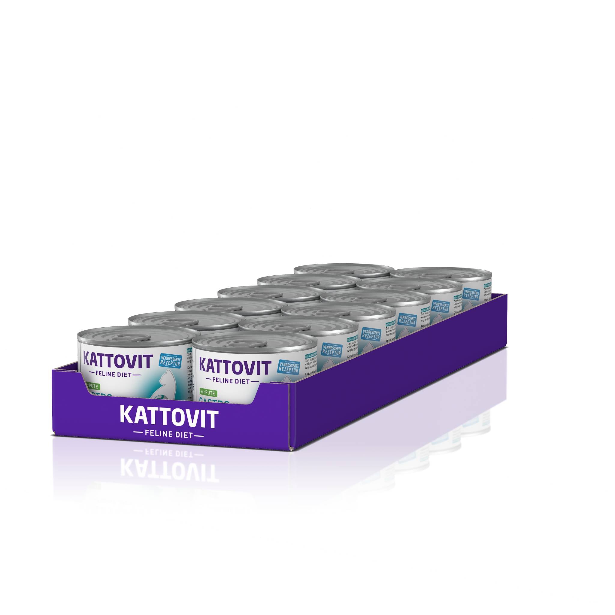 Lila Schachtel mit 12 Katzenfutterdosen "KATTOVIT Feline Diet Gastro" in Reihen angeordnet.