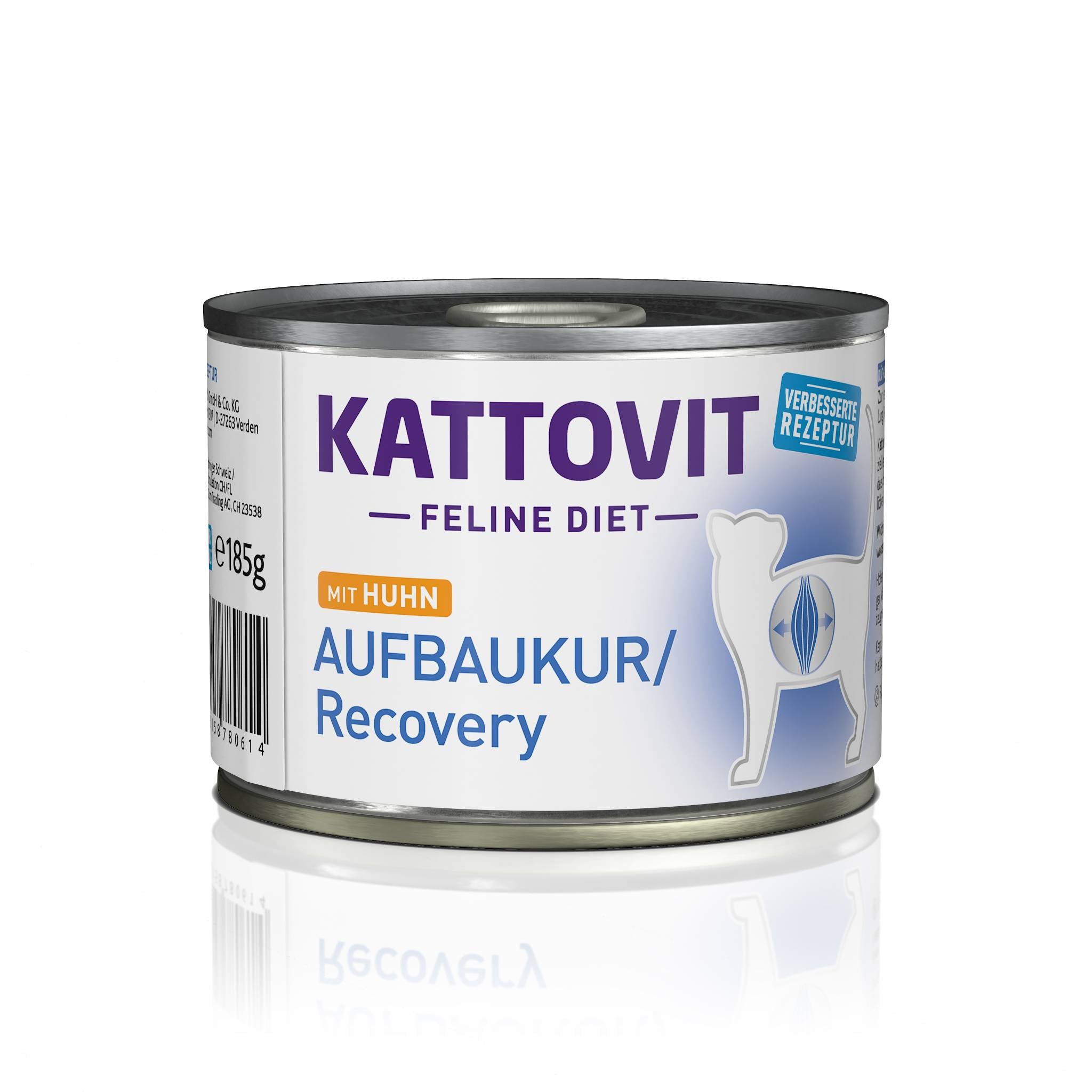 Eine weiße Dose Katzenfutter der Marke KATTOVIT. Auf der Dose steht "Mit Huhn" und "Aufbaukur/Recovery", sie wiegt 185 Gramm.