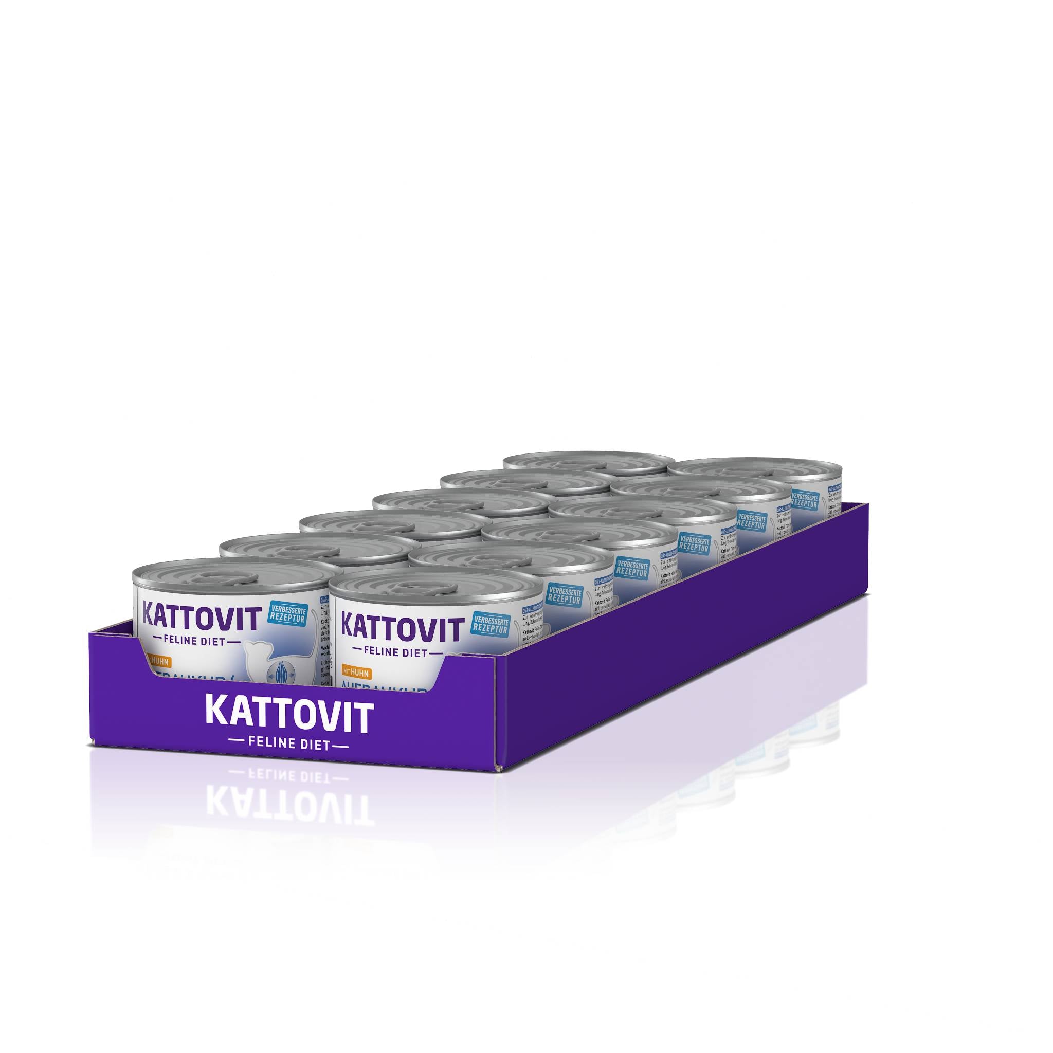 Eine lila Kartonverpackung mit mehreren Dosen Katzenfutter der Reihe KATTOVIT Aufbaukur.