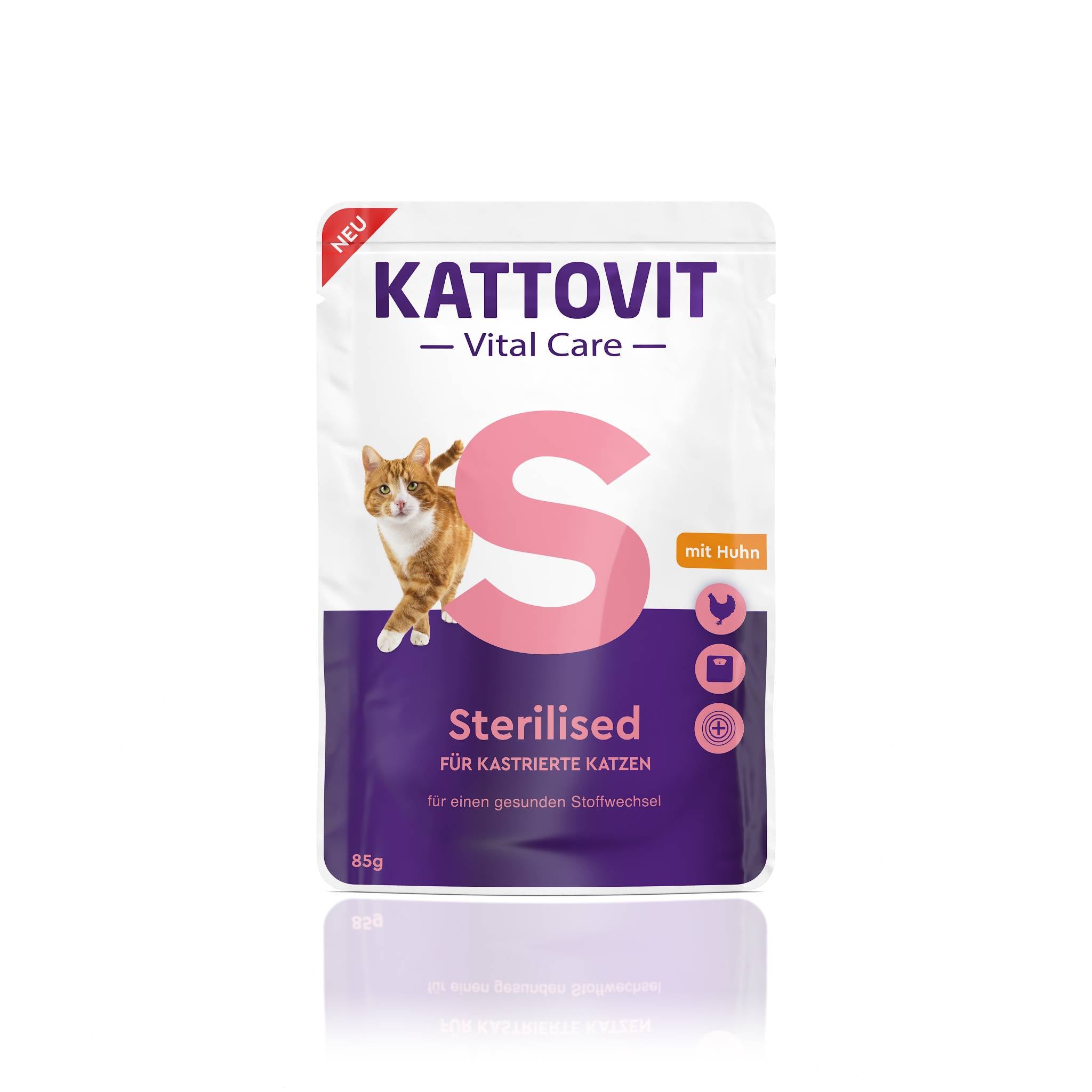 Eine Verpackung eines Katzenfutters mit der Aufschrift "KATTOVIT Sterilised mit Huhn".