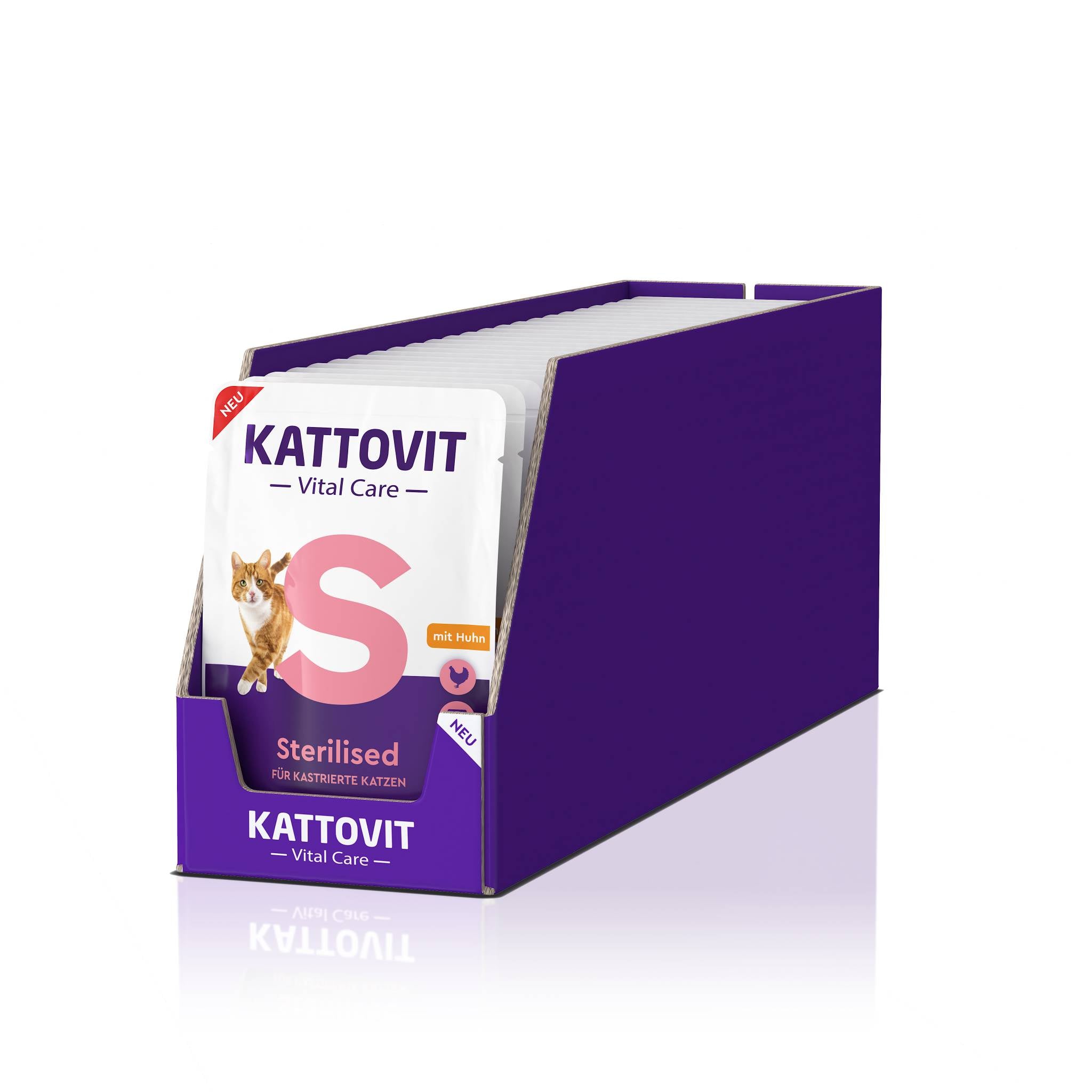 Mehrere Beutel KATTOVIT Vital Care Sterilised in lilafarbener Schachtel, gekennzeichnet mit "S".