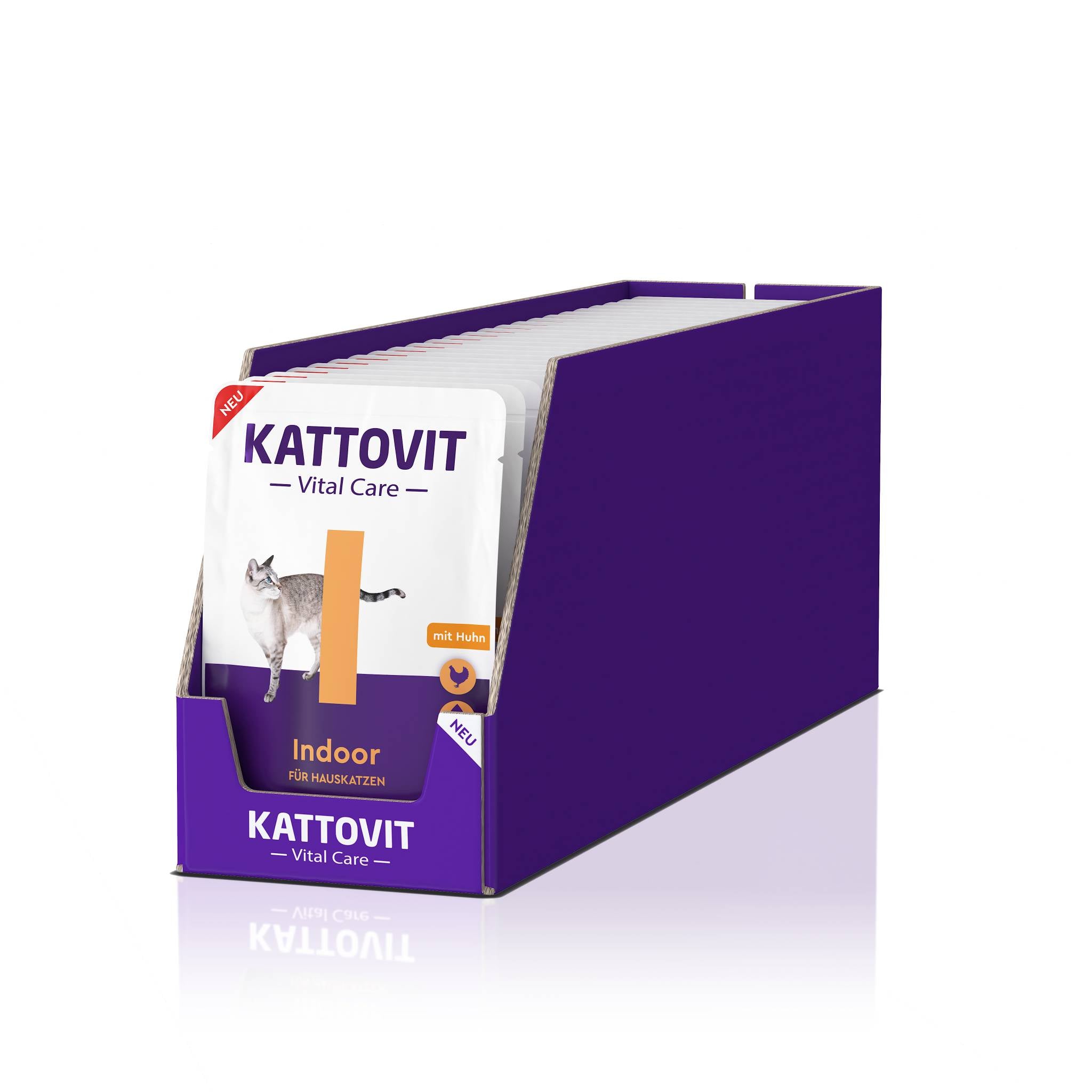 Mehrere Beutel KATTOVIT Vital Care Indoor in lilafarbener Schachtel, gekennzeichnet mit "I".