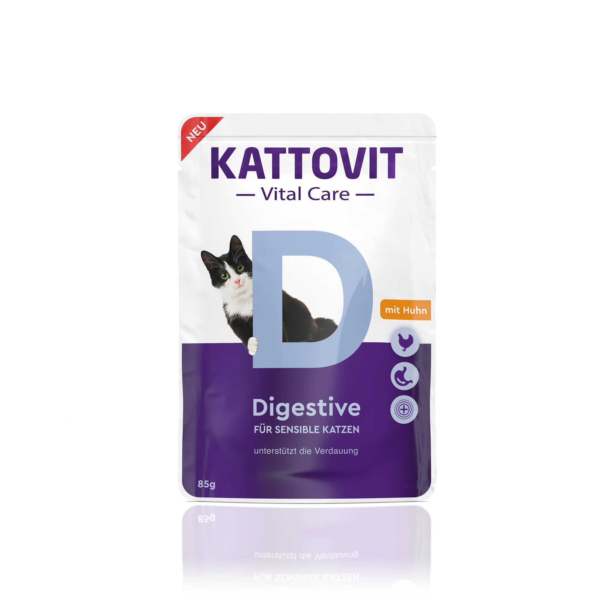 Eine Verpackung eines Katzenfutters mit der Aufschrift "KATTOVIT Digestive mit Huhn".