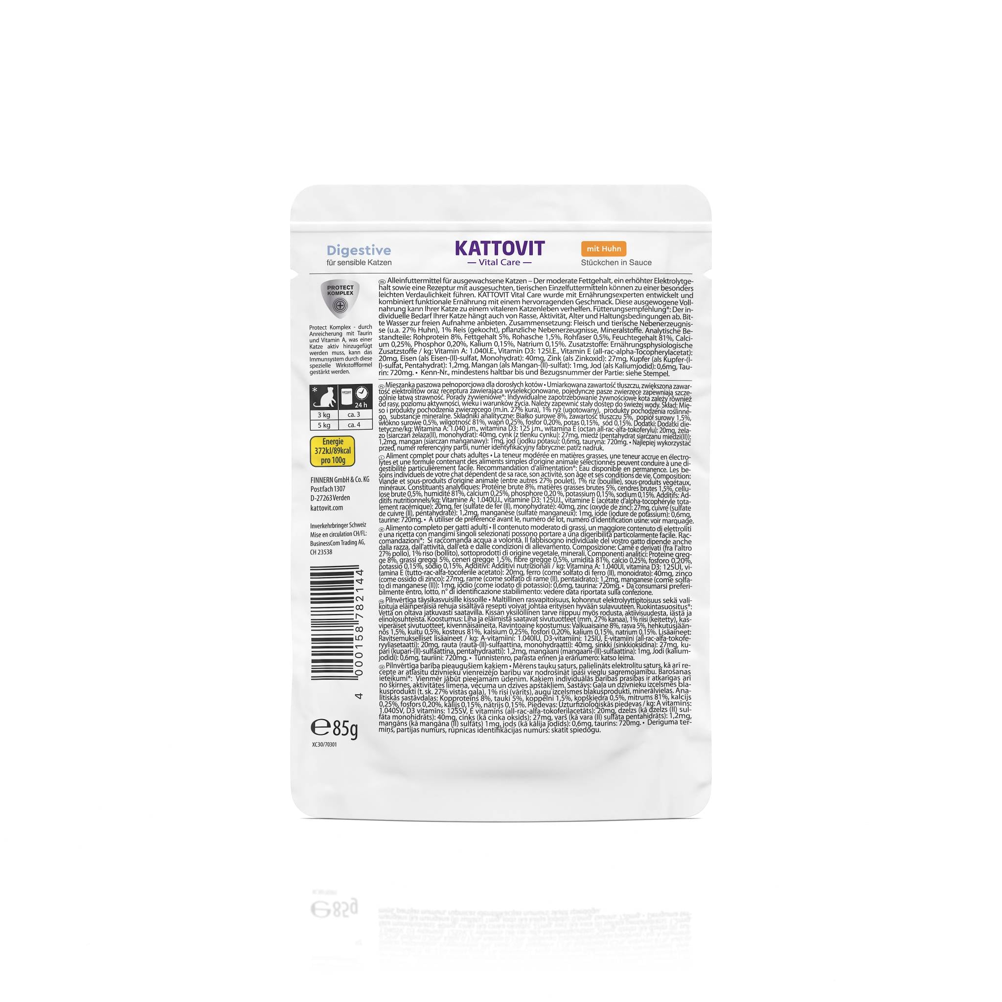 Die Rückseite einer Katzenfutterverpackung Digestive mit detaillierten Produktinformationen und Inhaltsstoffen in mehreren Sprachen.