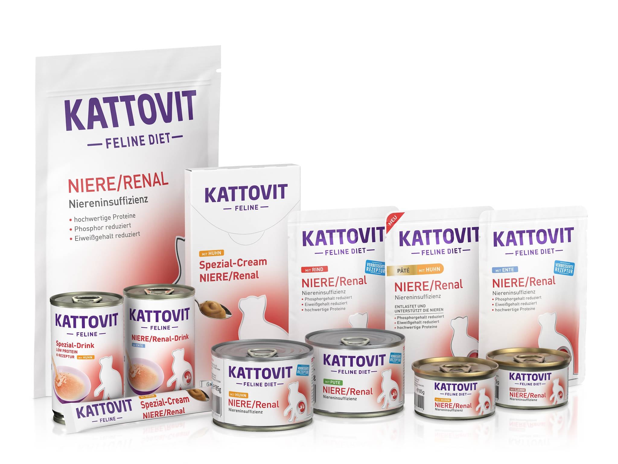 Große Auswahl an KATTOVIT Niere/Renal Produkten: Dosen, Tüten und Creme für Nierendiät.