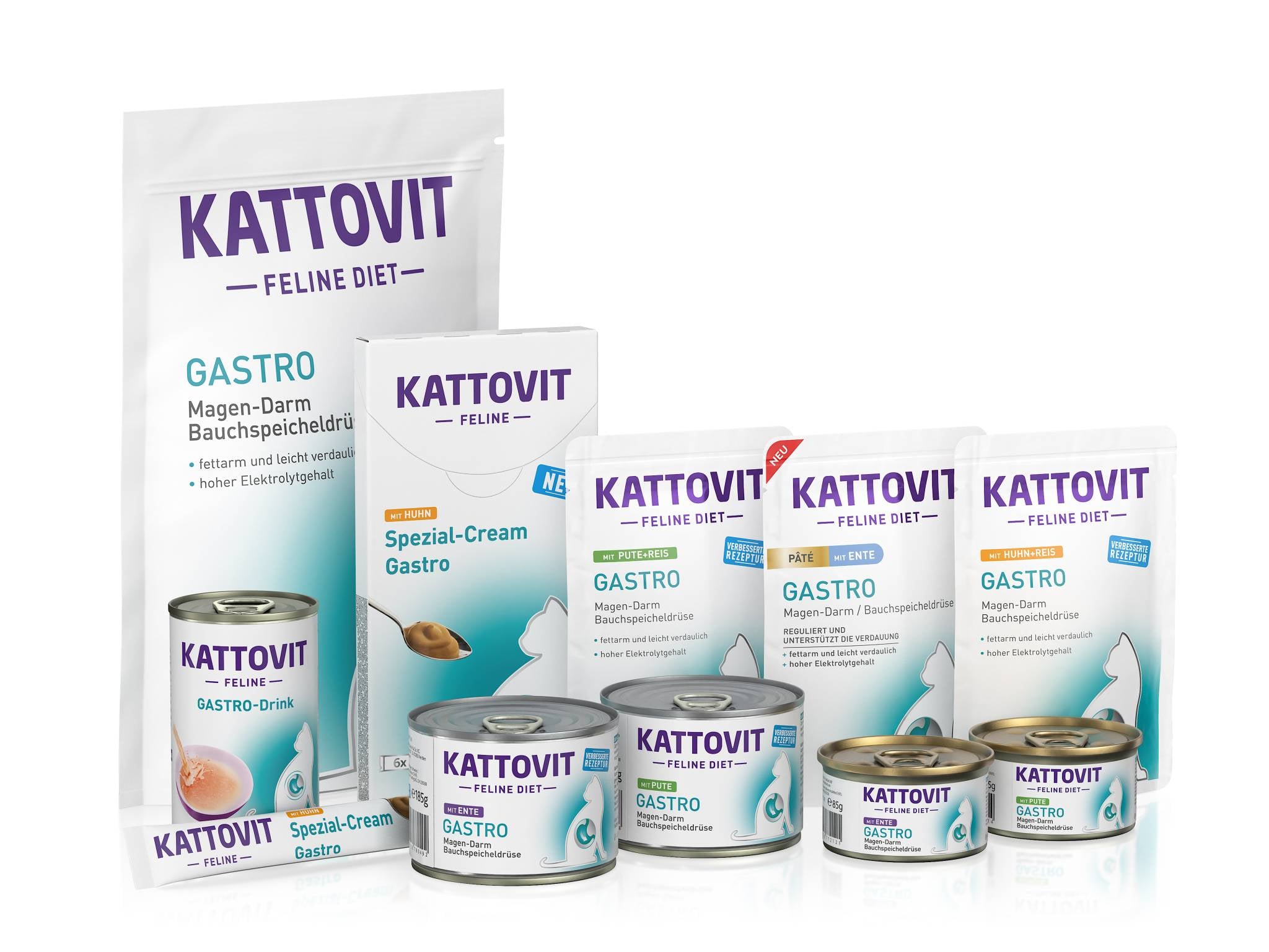 Große Auswahl an KATTOVIT Gastro-Produkten für Katzen mit Magen-Darm-Beschwerden.