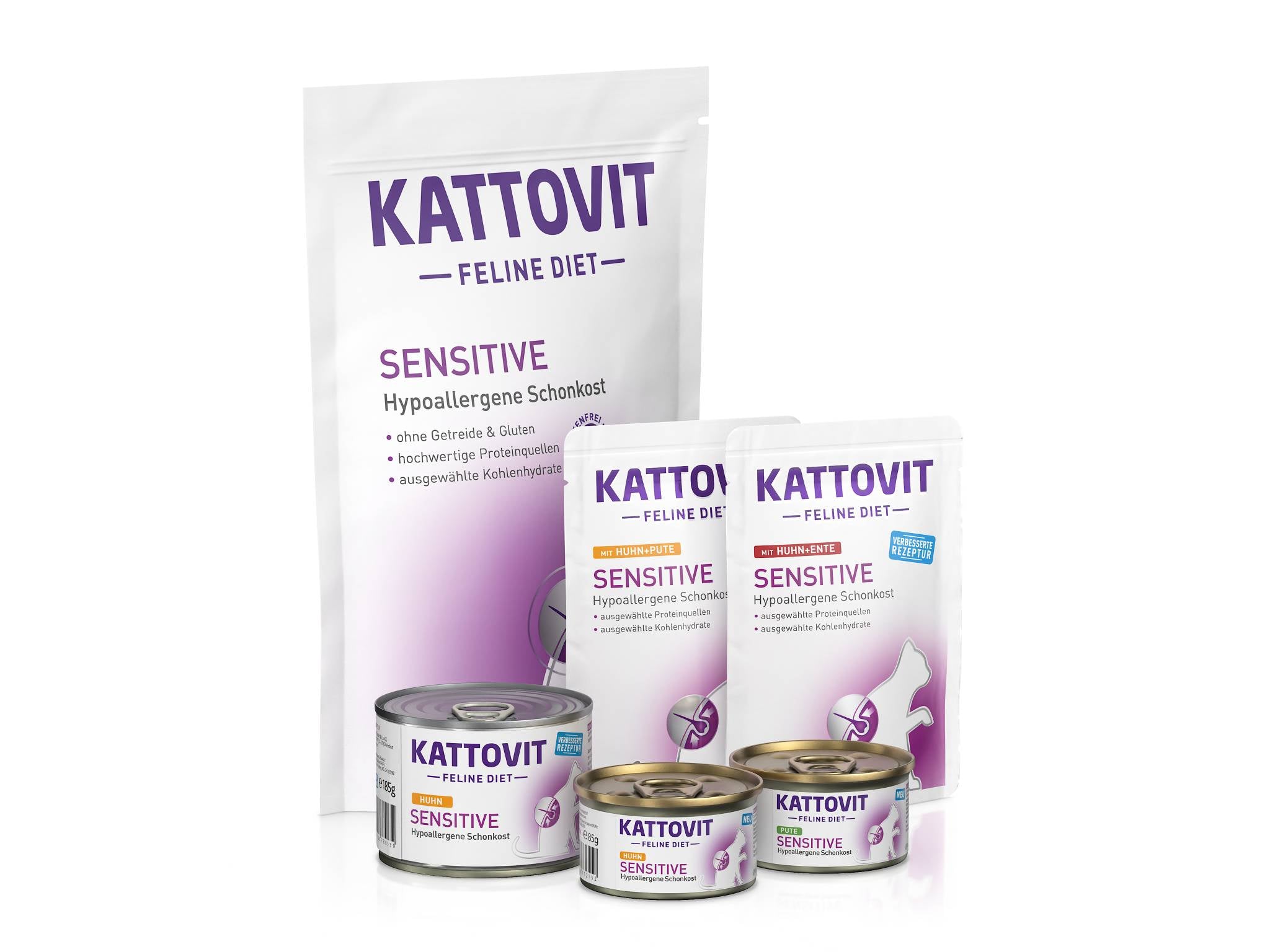KATTOVIT Sensitive Dosen & Beutel, hypoallergen, ohne Getreide & Gluten, lila-weiße Verpackung.
