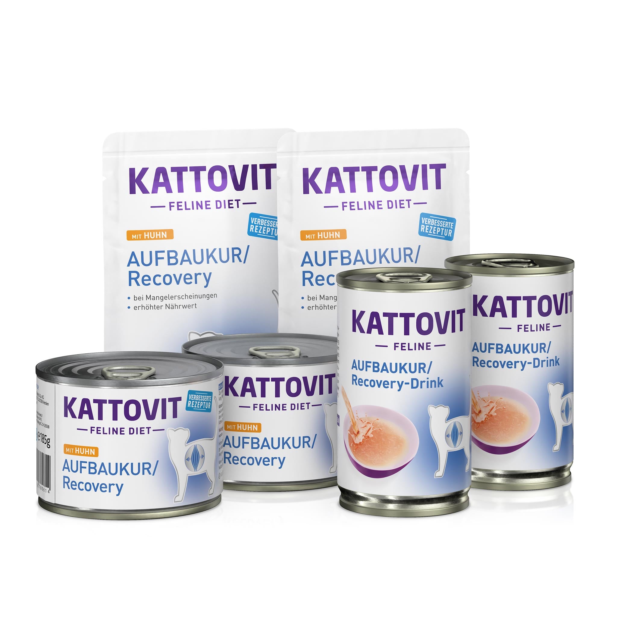 Verschiedene Produkte der Reihe "KATTOVIT - Aufbaukur" für Katzen: Drinks, Nassfutter und Trockenfutter.