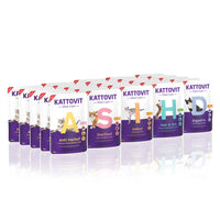 Mehrere farbige 85 g-Packungen 'KATTOVIT Vital Care', Zusammenstellung aller verschiedener Sorten.