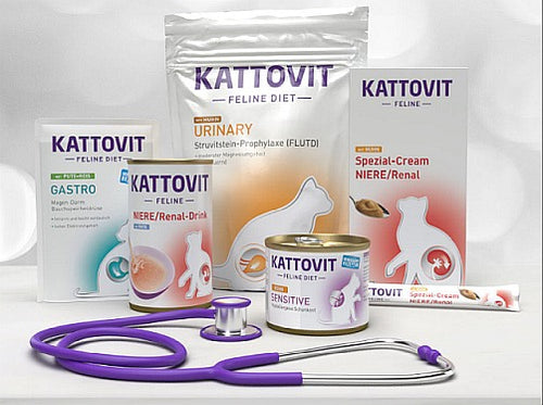 KATTOVIT Produkte für spezielle Ernährungsbedürfnisse mit Stethoskop im Vordergrund.