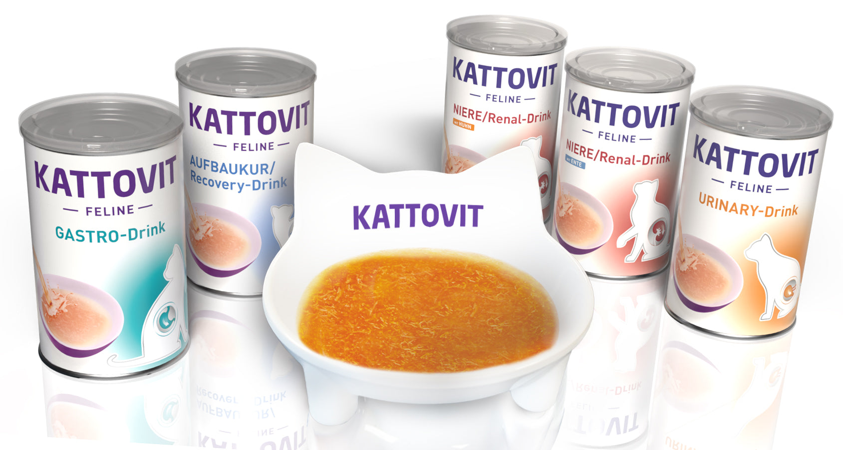 Katzen Trinknapf aus Kunststoff von Kattovit umgeben von fünf Kattovit Drinks.