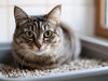 Eine graugetigerte Katze in einer Katzentoilette, die aufmerksam in die Kamera schaut.