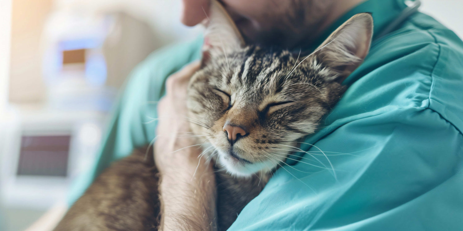 Eine Katze liegt entspannt in den Armen einer Person. Die Katze wirkt zufrieden und hat die Augen geschlossen.
