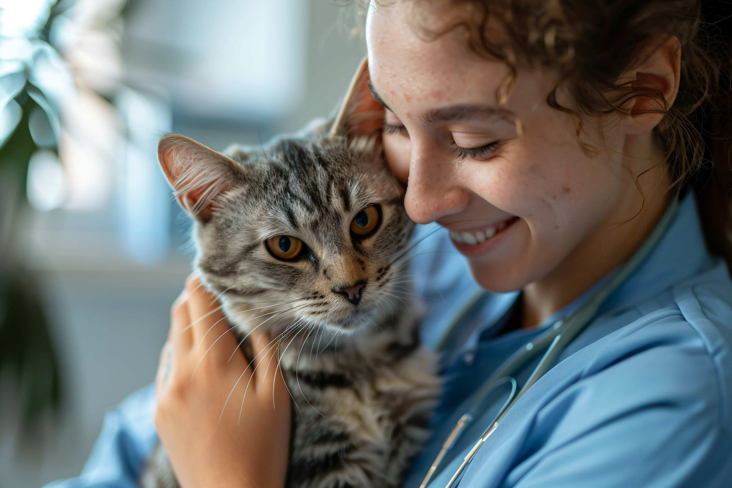 Lächelnde Frau hält eine graue Katze im Arm, die glücklich in die Kamera blickt.