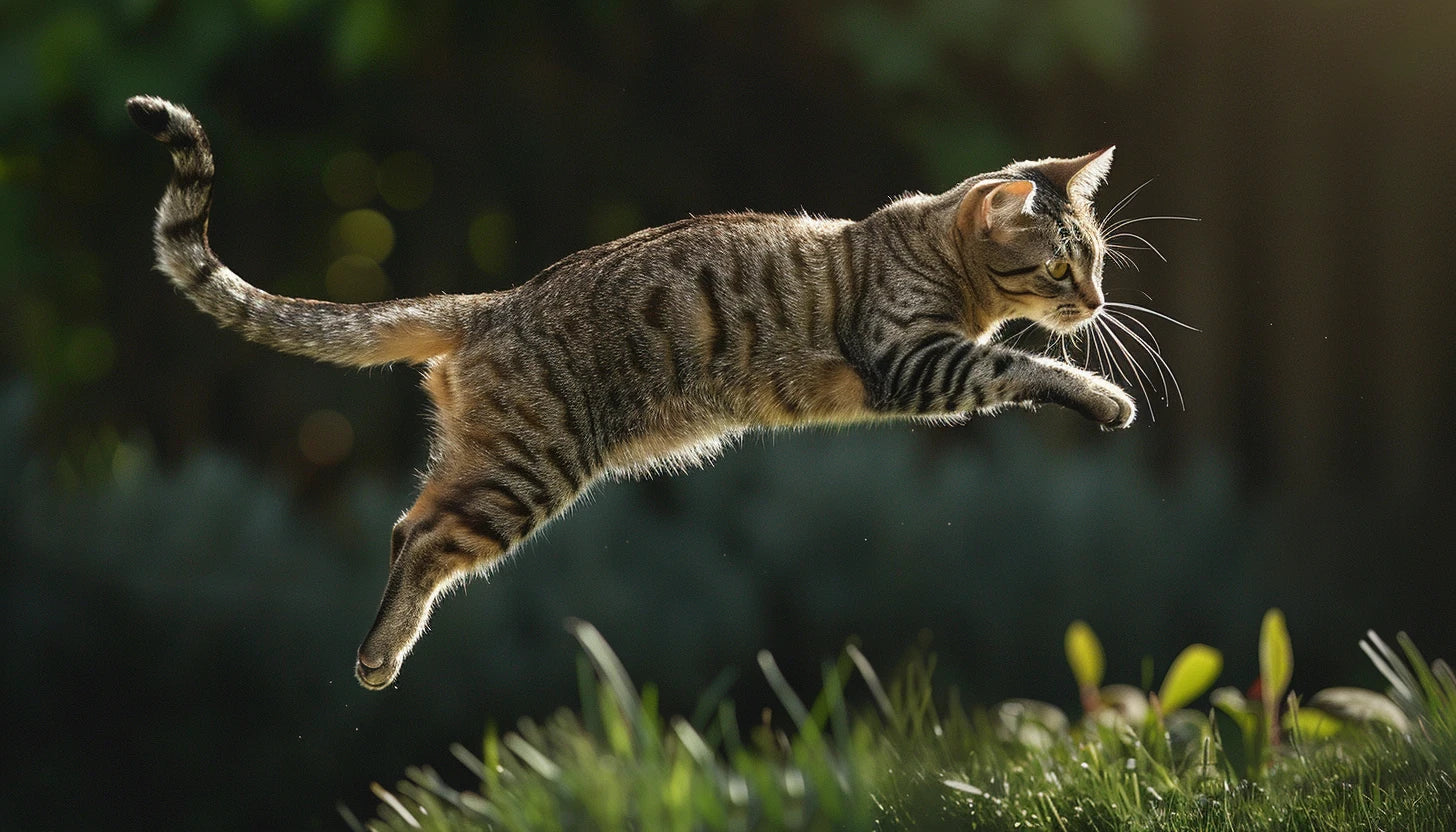 Katze springt auf einer grünen Wiese.
