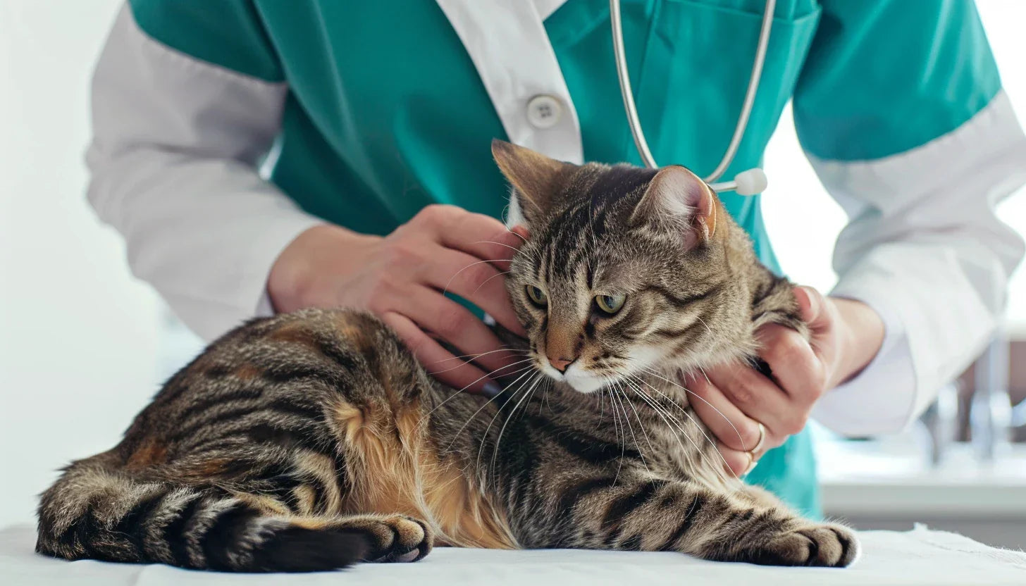 Katze liegt auf einem Behandlungstisch und wird vom Tierarzt untersucht.