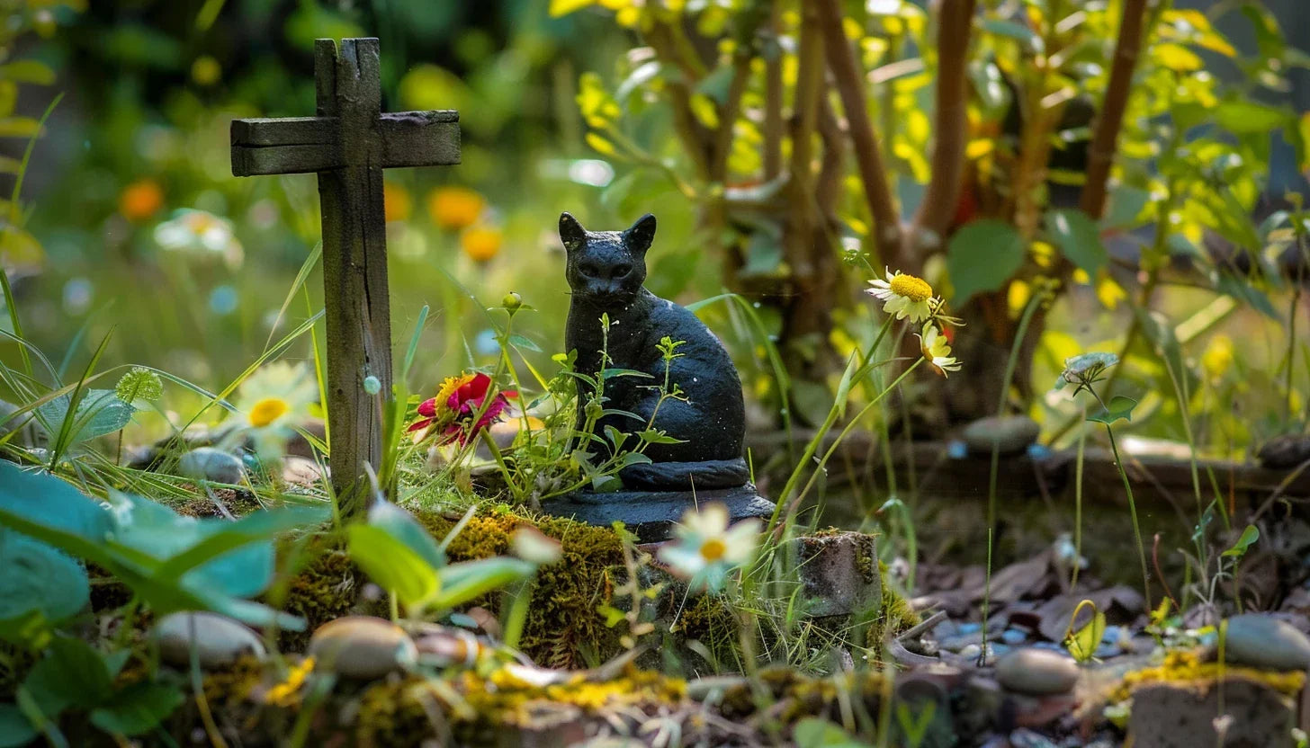 Katzengrab im Garten mit Holzkreuz, Blumen und schwarzer Katzenfigur als Erinnerung.