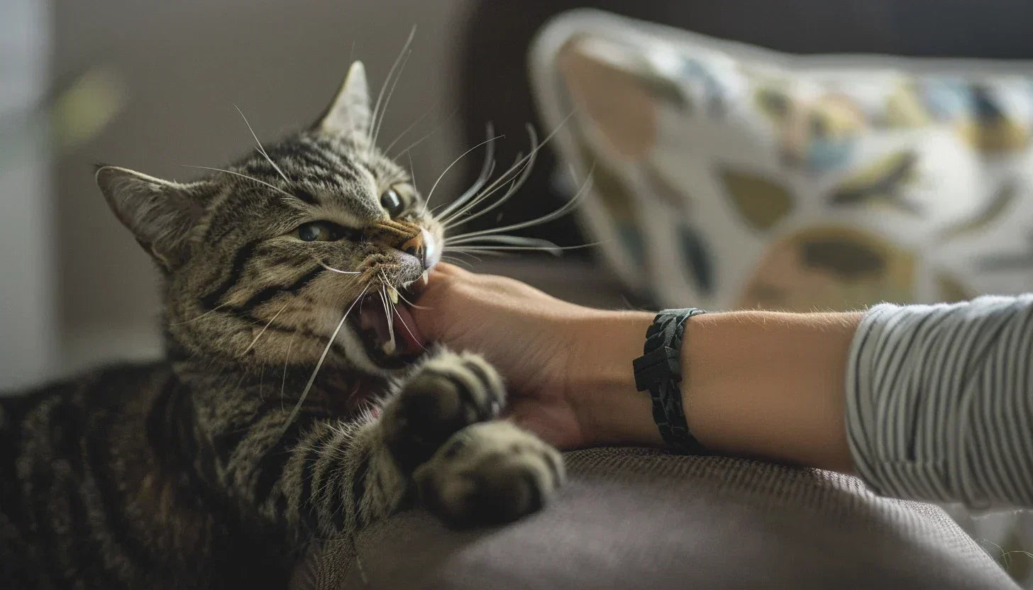 Katze beißt in eine ausgestreckte Hand.