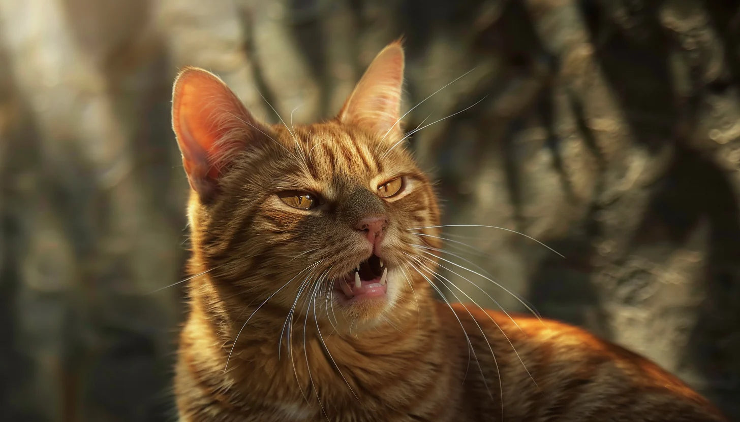 Orange gestreifte, hechelnde Katze mit geöffnetem Maul und leicht zusammengekniffenen Augen