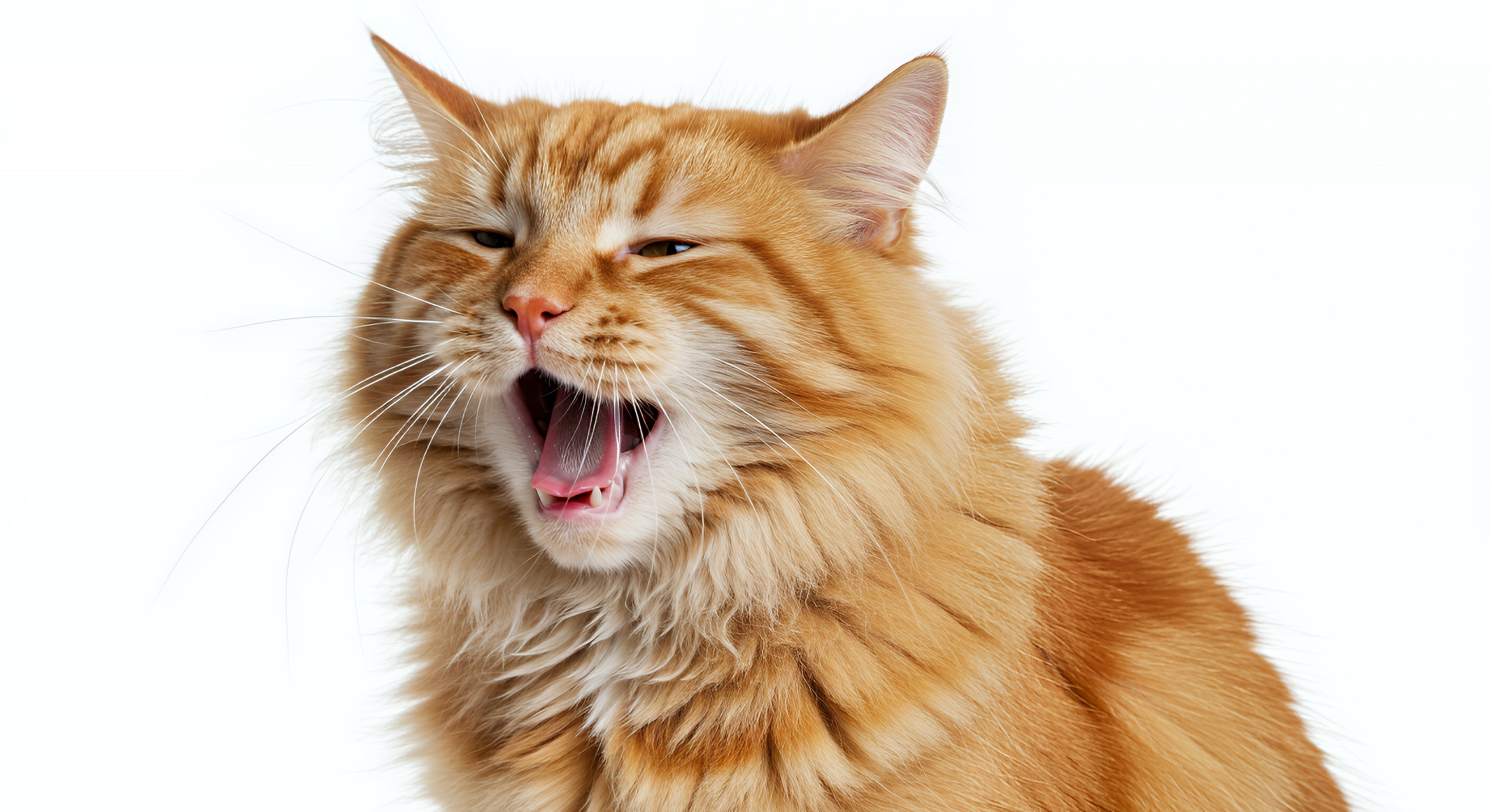 Katze, die hustet, mit geöffnetem Maul und zusammengekniffenen Augen vor weißem Hintergrund.