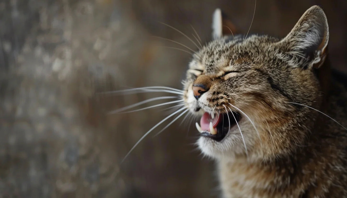 Graue niesende Katze mit zusammengekniffenen Augen und geöffnetem Maul