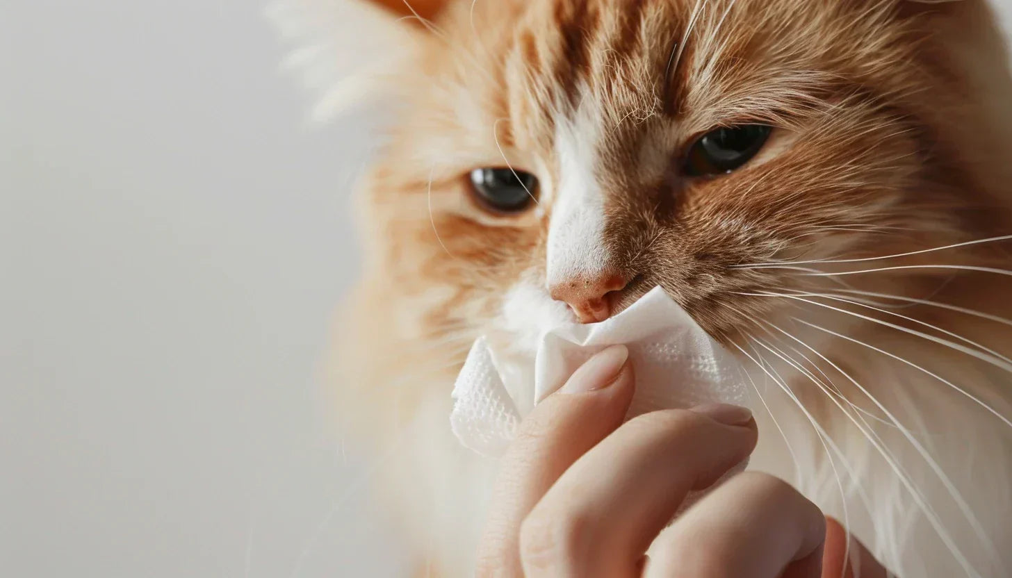 Katze wird ein Taschentuch vor die Nase gehalten.