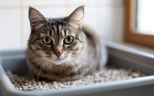 Eine graugetigerte Katze in einer Katzentoilette, die aufmerksam in die Kamera schaut.