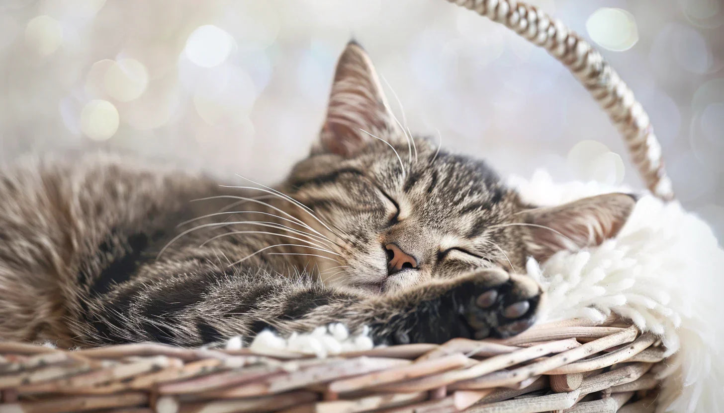 Katze liegt in einem Korb und schläft tief.