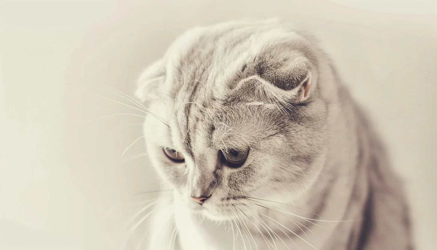 Graue Katze mit Faltohren blickt nach unten.