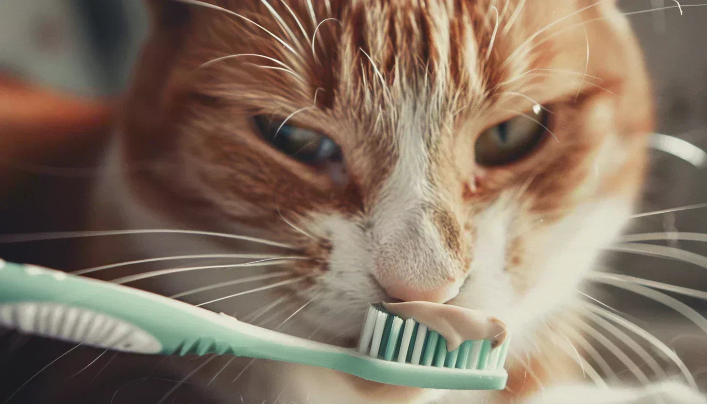 Katze wird eine Zahnbürste mit Zahnpasta zur Zahnpflege vorgehalten.