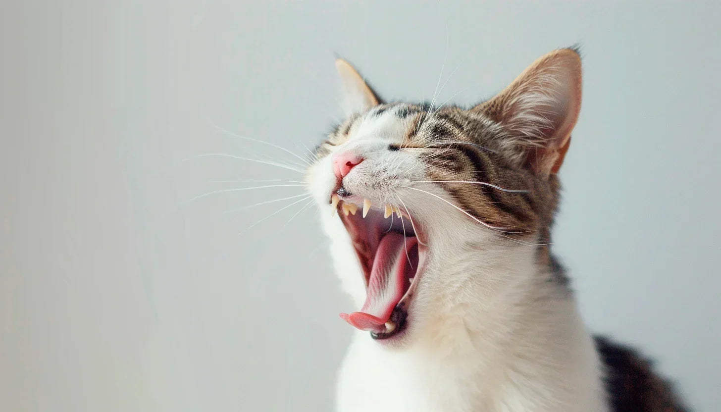 Katze gähnt, dabei sind die Zähne deutlich zu sehen.